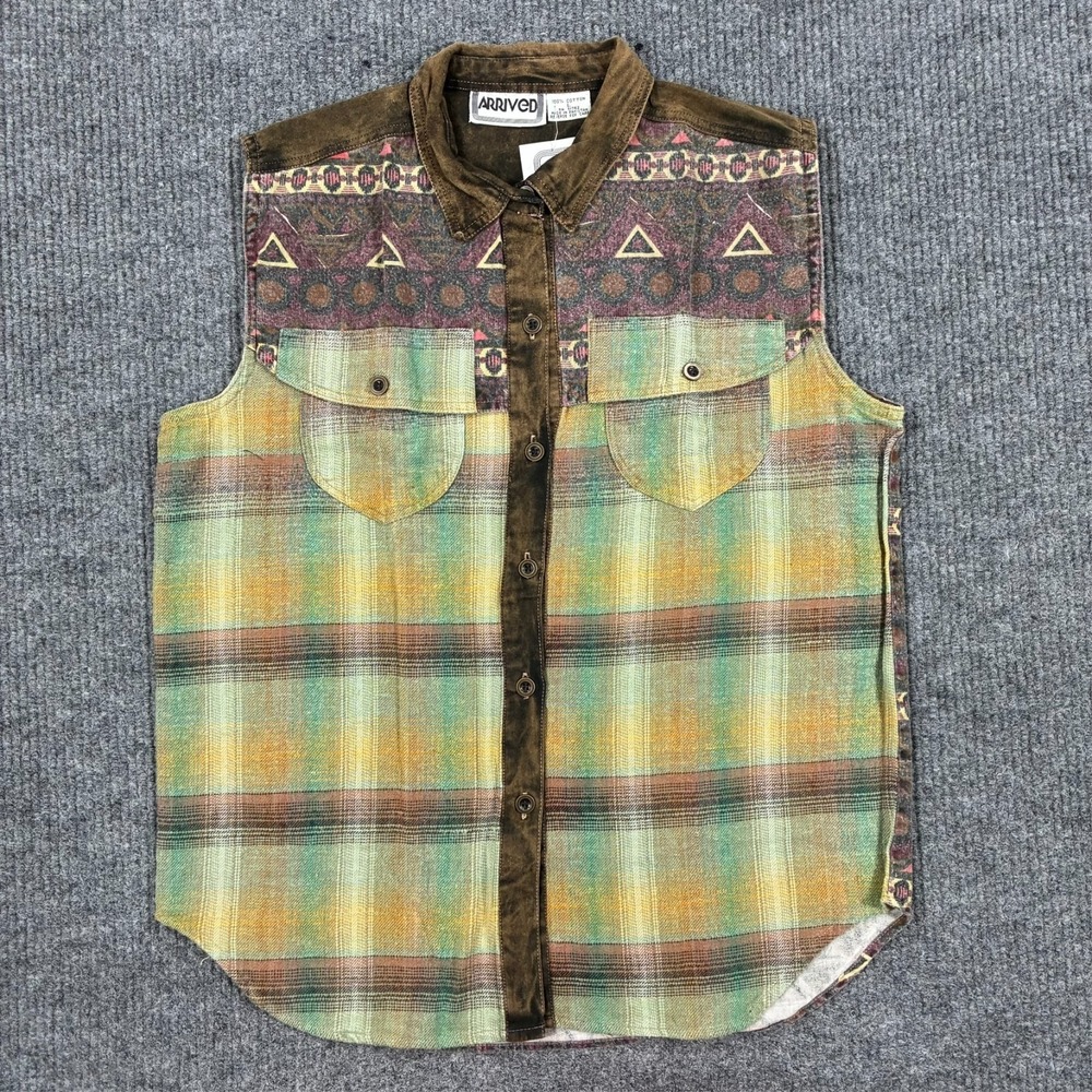 Arrived Sleeveless Shirt Mens Size L Southwestern Patchwork Acid Wash Festival